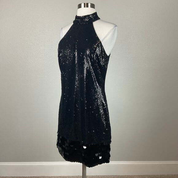 Betsy & Adam Sequined Halter Sleeveless Mini Sheath Cocktail Dress Black Size 6 - Picture 4 of 13